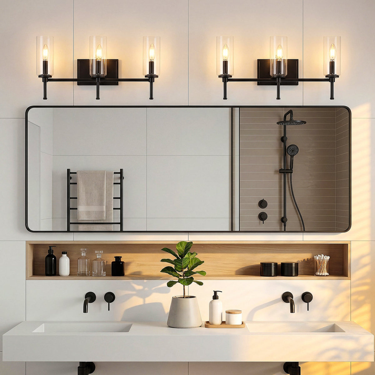 Black Bathroom Vanity Light, Three-Light Clear Cylinder Glass Shades