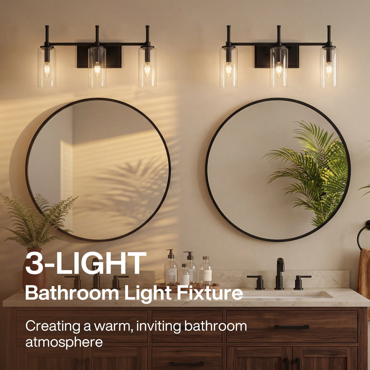 Black three-light bathroom vanity fixture with clear glass shades above dual sinks