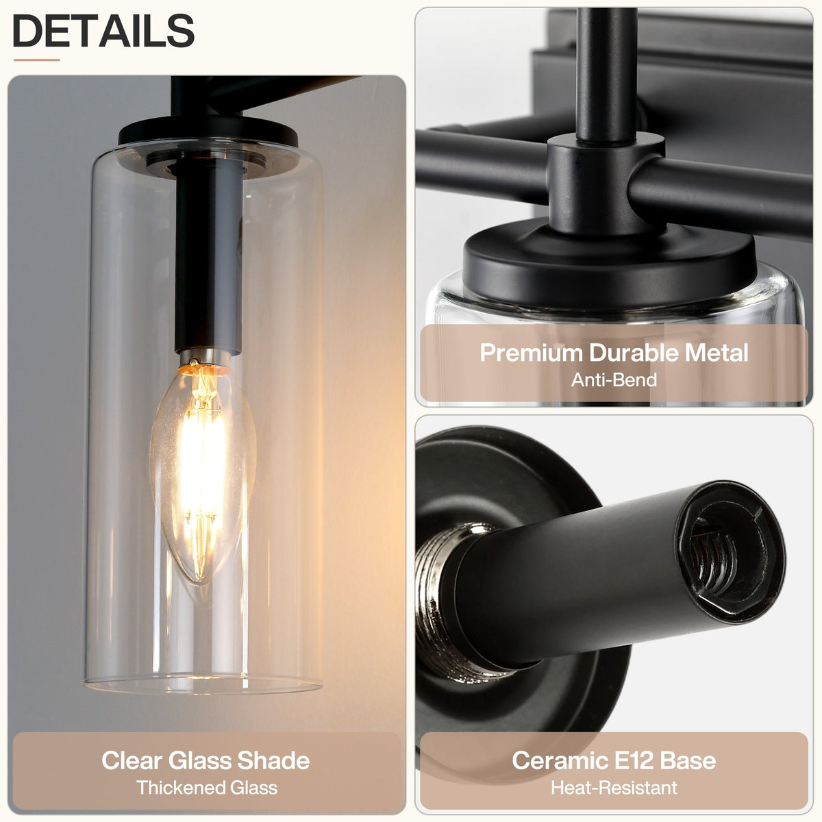 Black bathroom vanity light with clear cylinder glass shades and ceramic E12 base