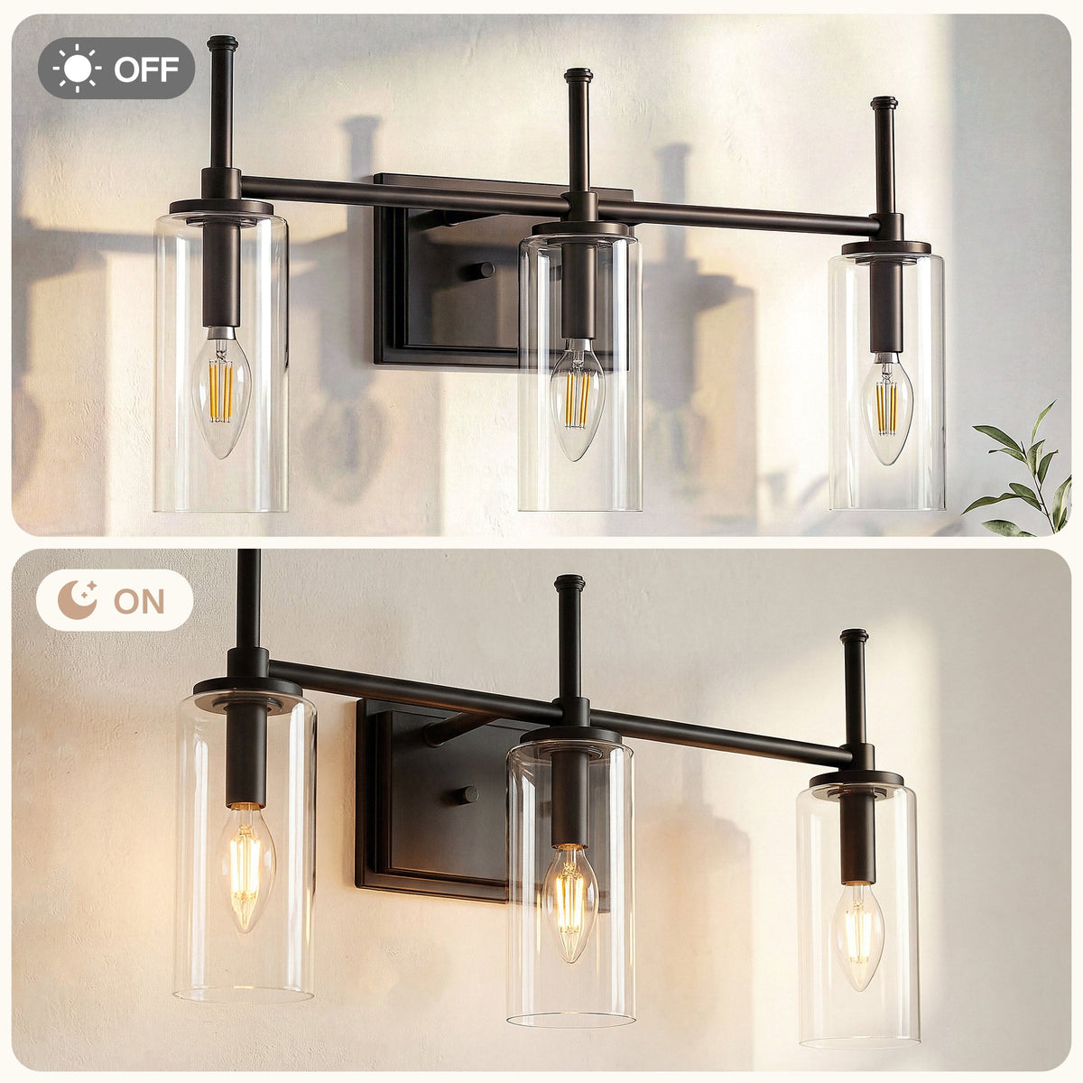 Black bathroom vanity light with three clear cylinder glass shades, shown off and on
