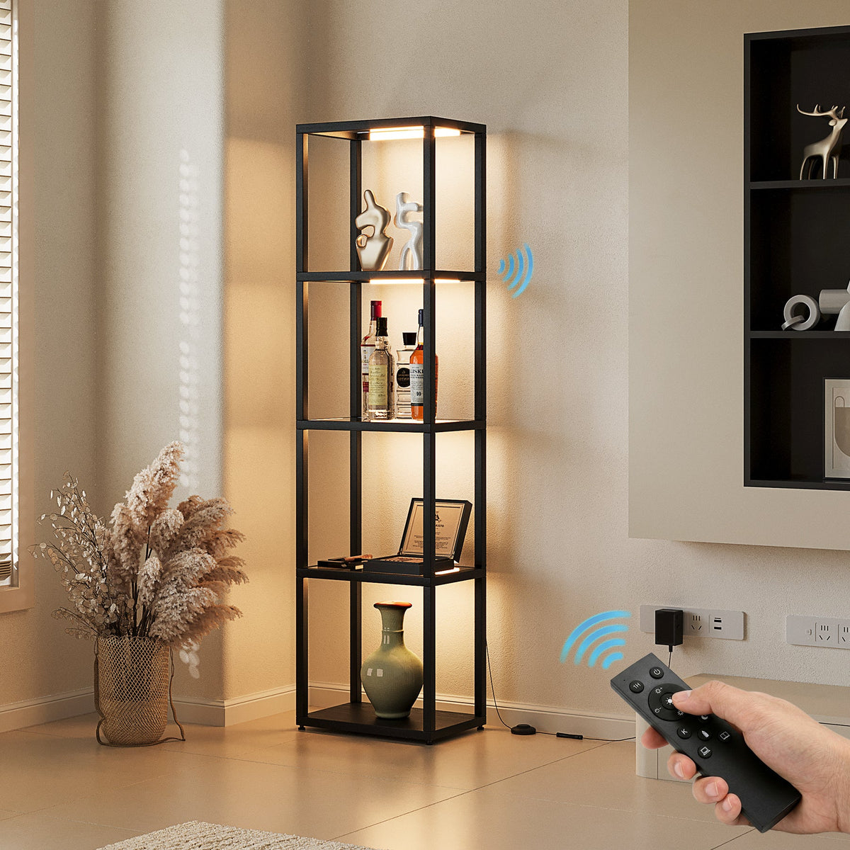 4-Tier LED Bookshelf Floor Lamp with Glass Shelves, Remote and Footswitch Control, Black