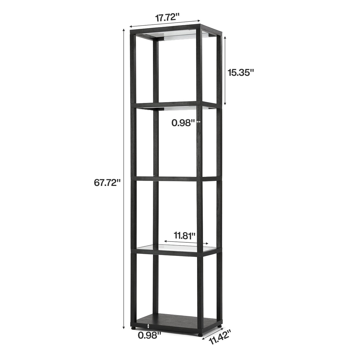 4-Tier LED Bookshelf Floor Lamp with Glass Shelves, Remote and Footswitch Control, Black