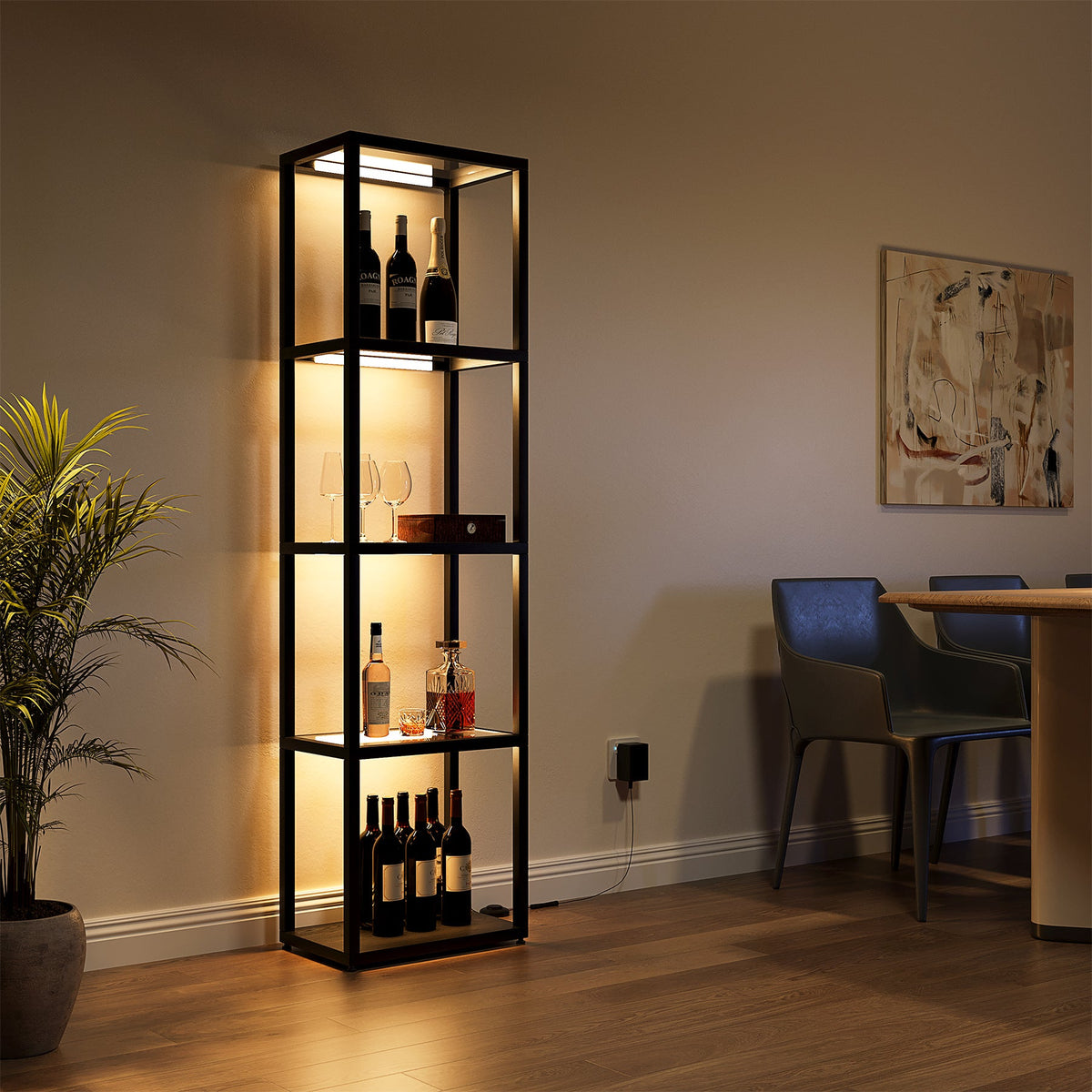 4-Tier LED Bookshelf Floor Lamp with Glass Shelves, Remote and Footswitch Control, Black