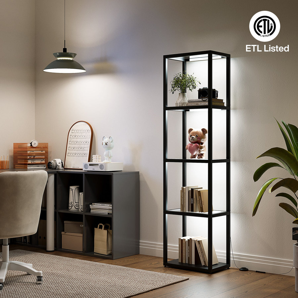 4-Tier LED Bookshelf Floor Lamp with Glass Shelves, Remote and Footswitch Control, Black
