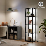 4-Tier LED Bookshelf Floor Lamp with Glass Shelves, Remote and Footswitch Control, Black