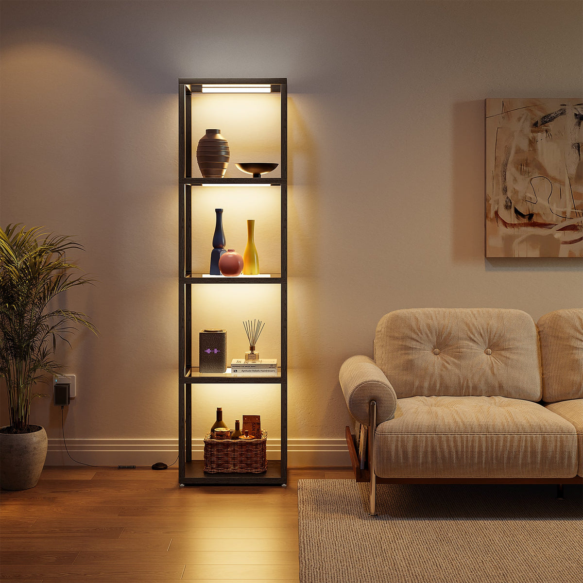 4-Tier LED Bookshelf Floor Lamp with Glass Shelves, Remote and Footswitch Control, Black