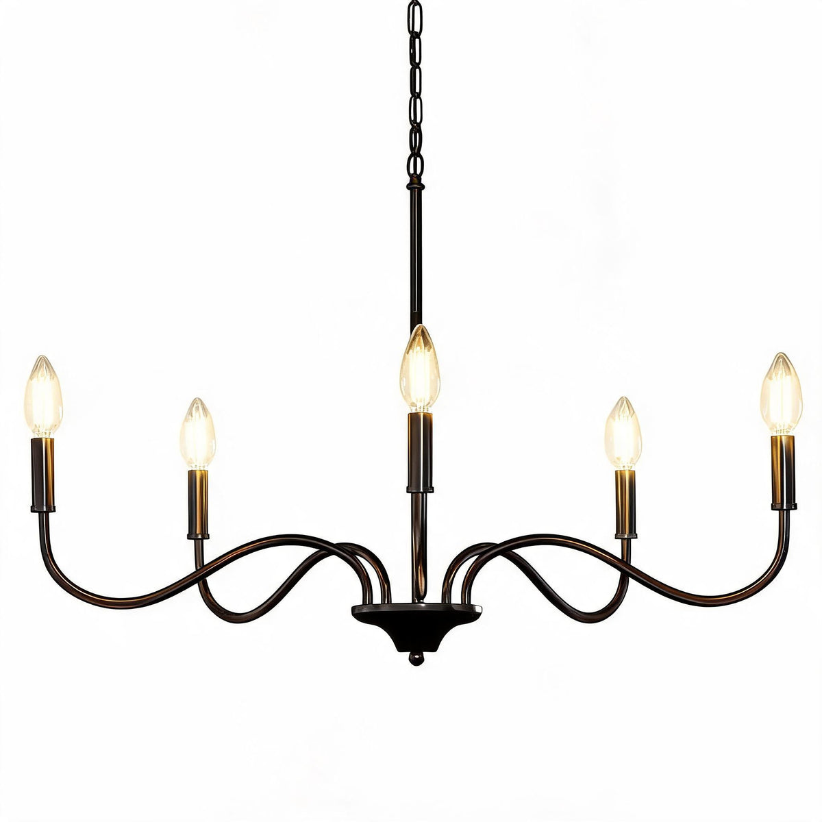 Matte black five-light chandelier with adjustable arms, shown from front angle