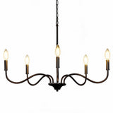 Matte black five-light chandelier with adjustable arms, shown from front angle