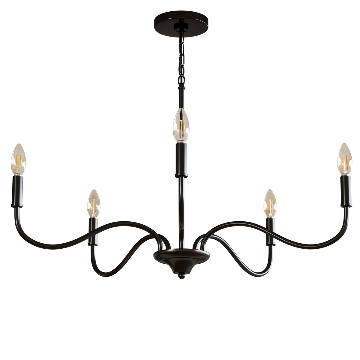 Matte black five-light chandelier with adjustable arms, shown from side angle