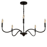 Matte black five-light chandelier with adjustable arms, shown from side angle