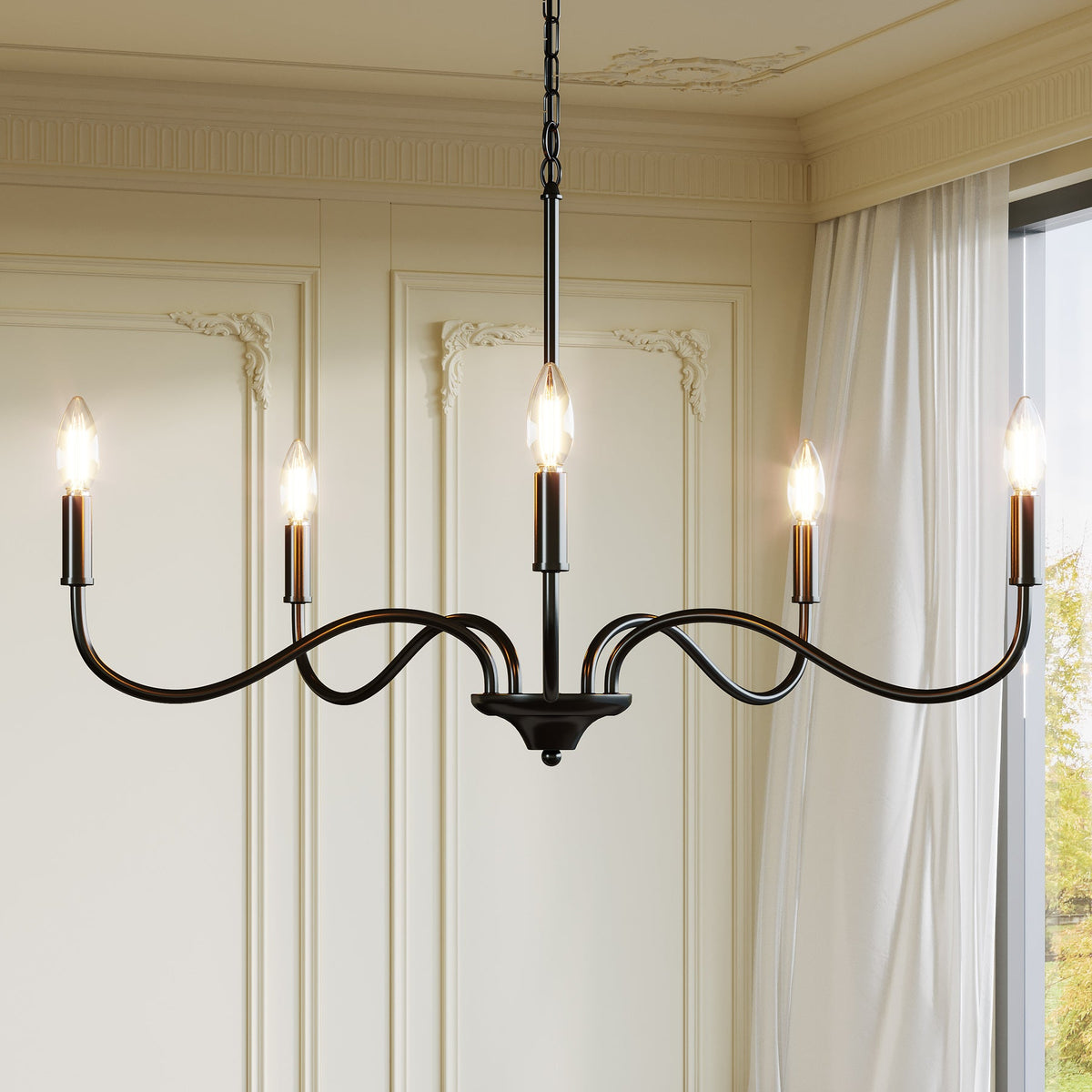 Matte Black Five-Light Modern Chandelier, Adjustable Rotating Arms