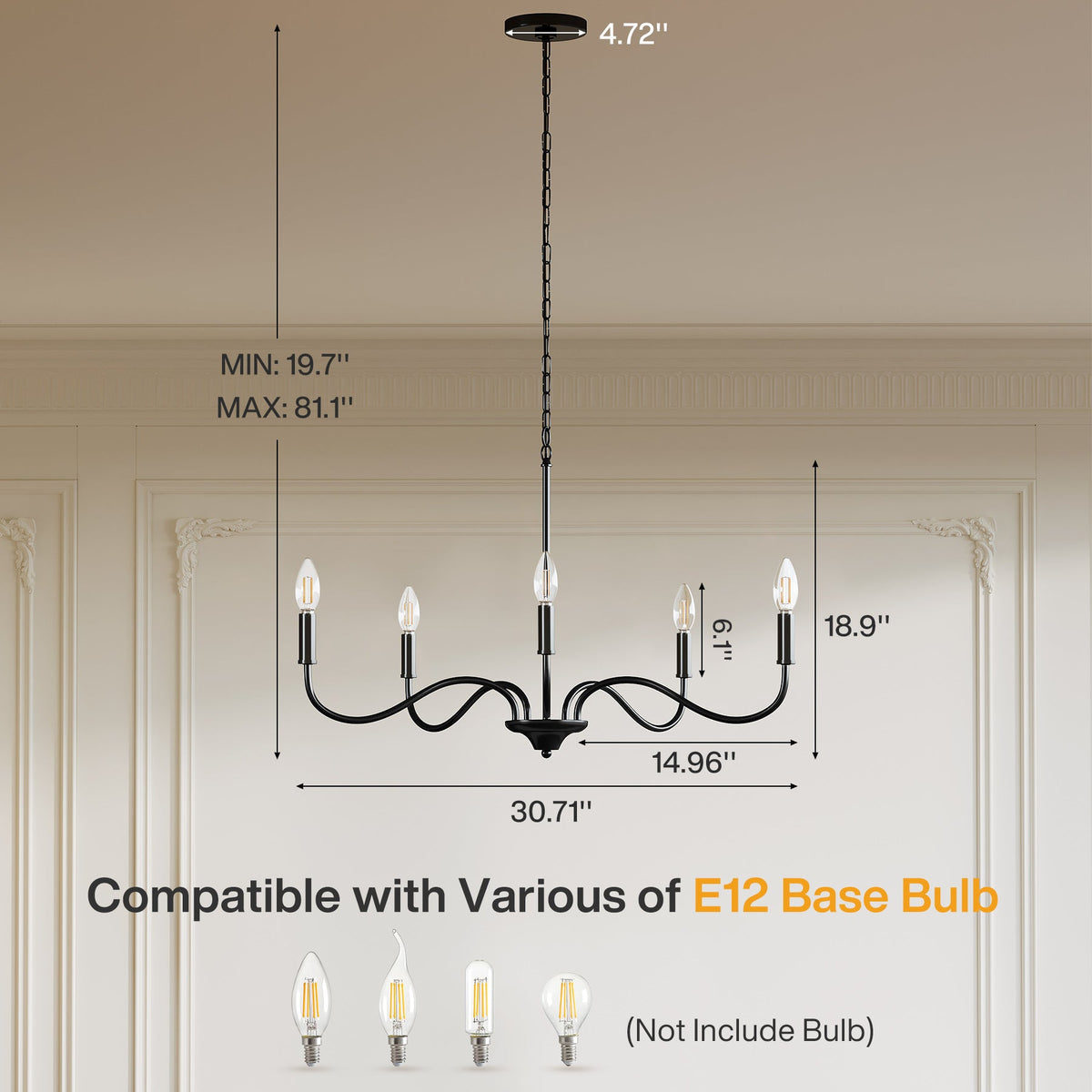 Matte black five-light chandelier with adjustable arms, 30.71" wide, 18.9" high, E12 bulb compatible