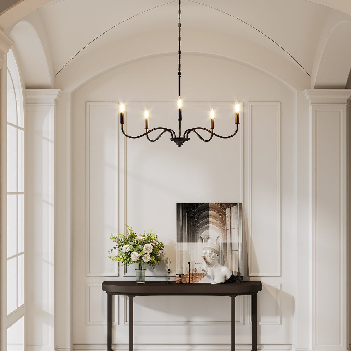Matte Black Five-Light Modern Chandelier, Adjustable Rotating Arms