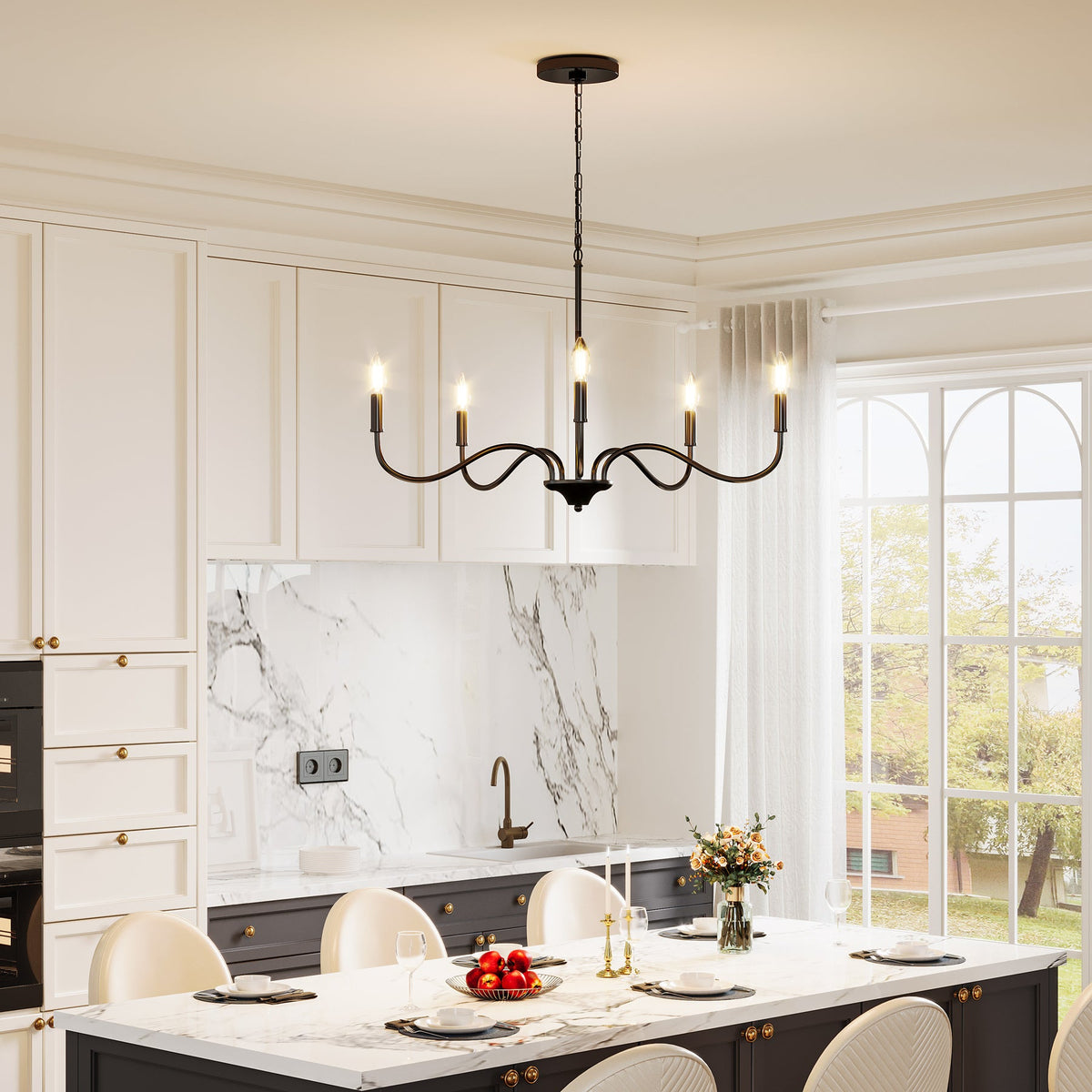 Matte Black Five-Light Modern Chandelier, Adjustable Rotating Arms