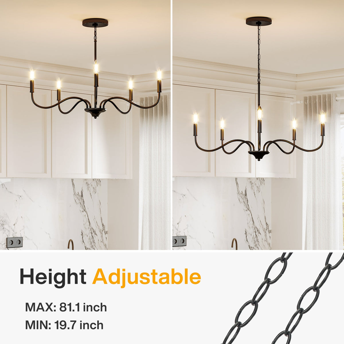 Matte black five-light chandelier with adjustable height, shown in kitchen setting