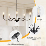 Matte black five-light chandelier with solid metal arms, ceiling mounted, shown in kitchen setting