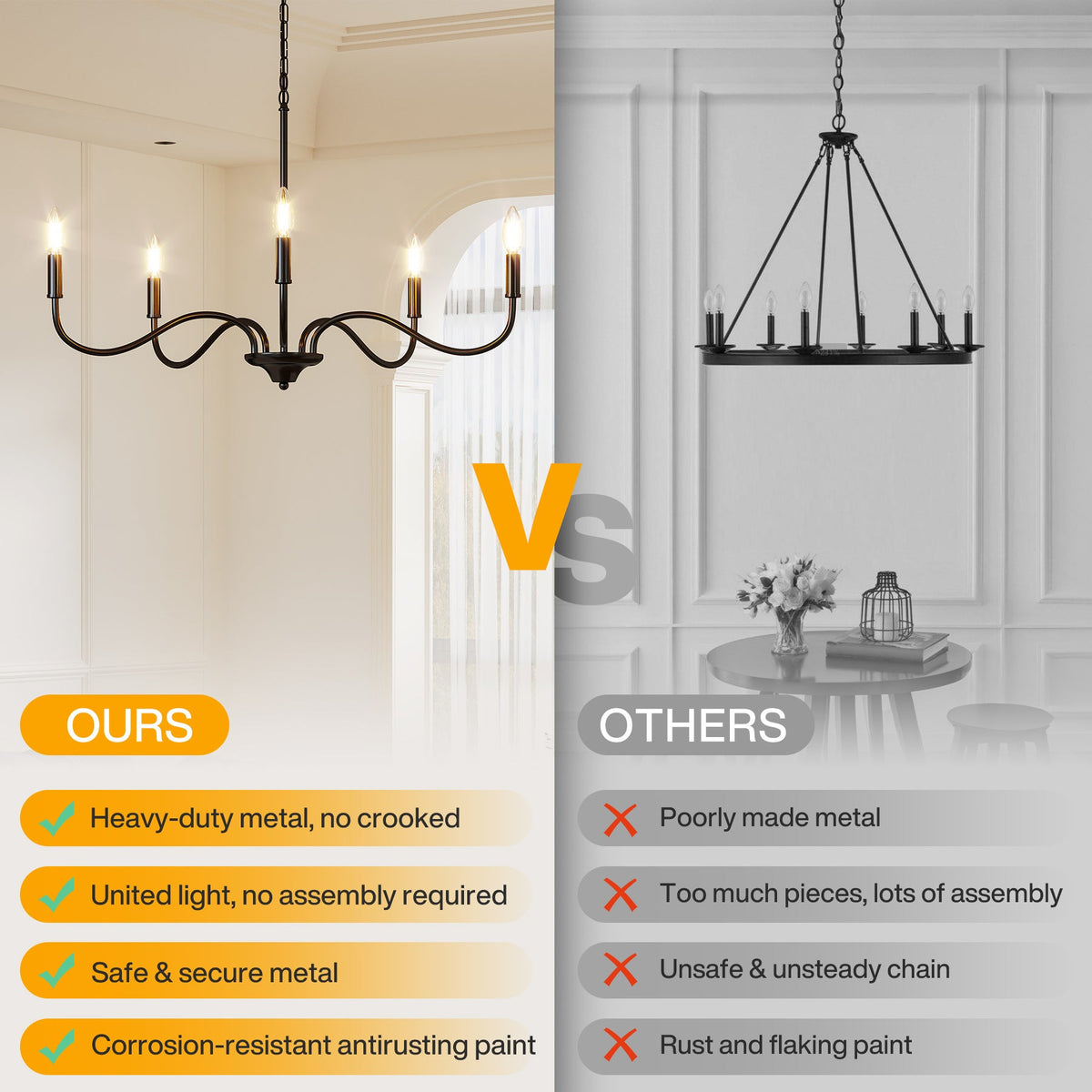 Matte black chandelier with five lights and adjustable arms, shown in a dining room setting