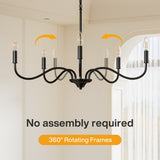 Matte black five-light chandelier with rotating arms shown in a room with text overlay