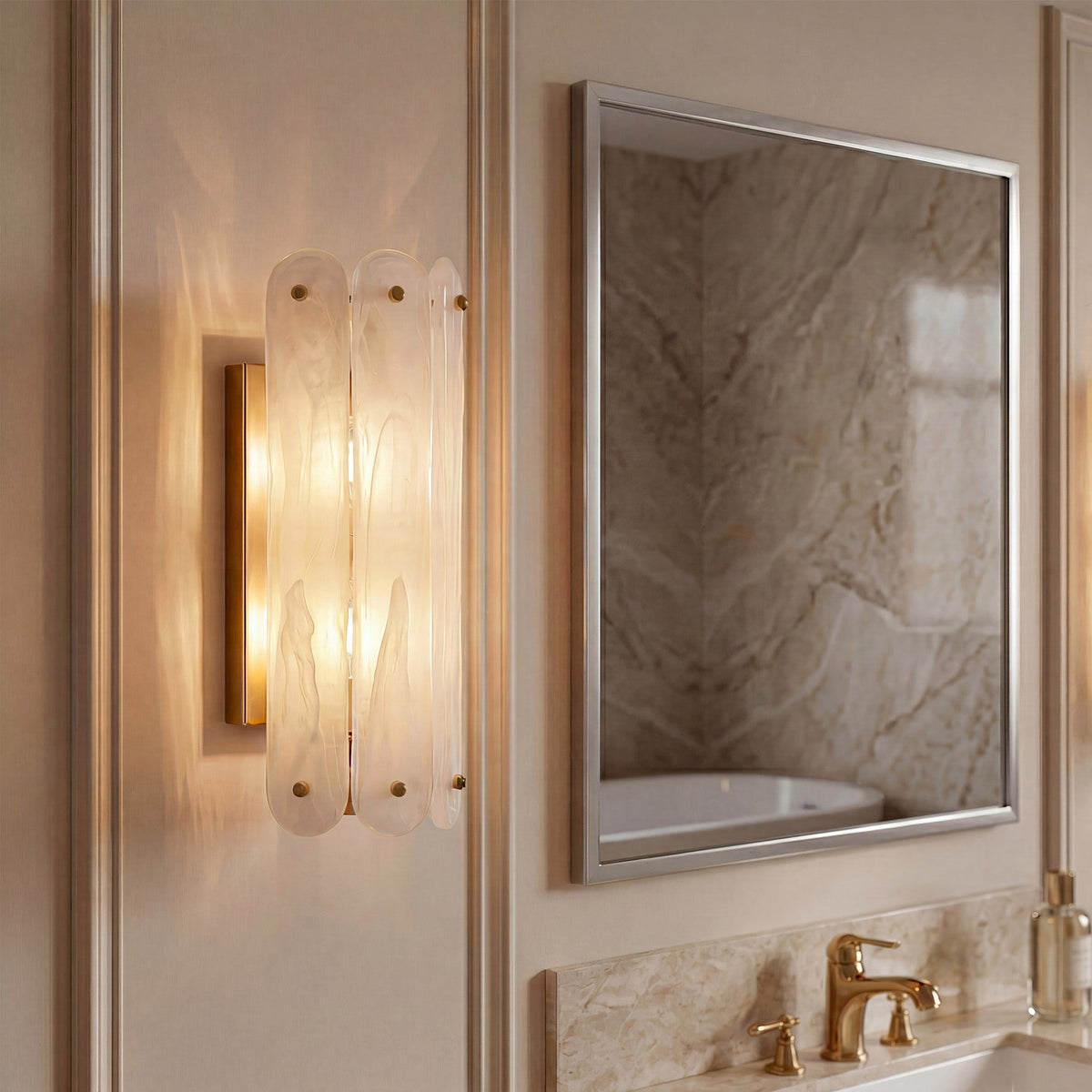 Brass Wall Sconce, Two-Light Cloud Glass Wall Light, Up or Down Mount