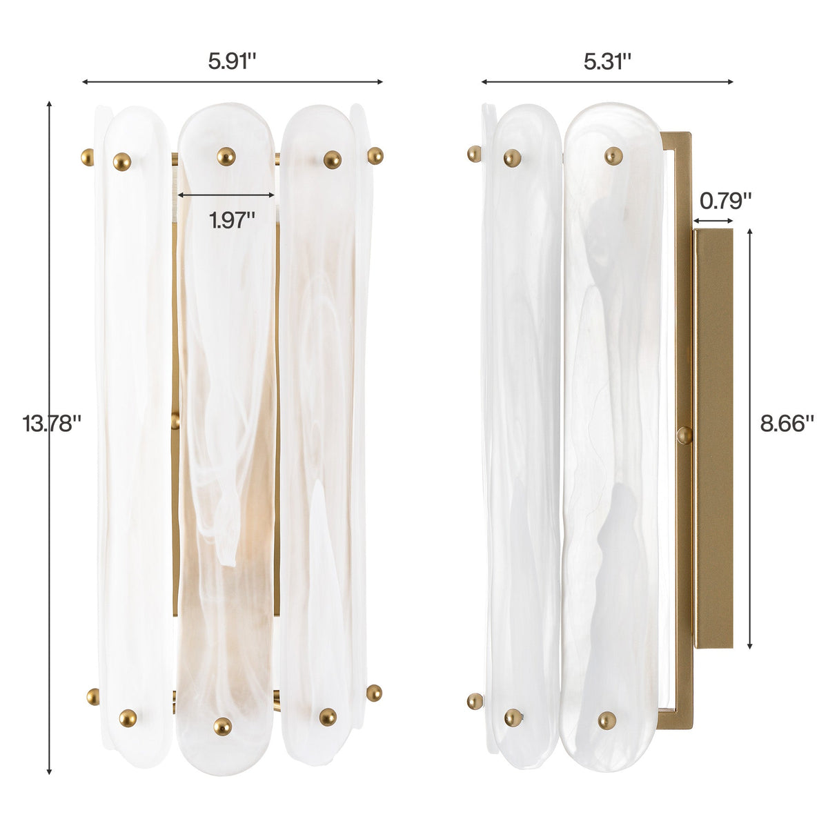 Brass wall sconce with two cloud glass shades, shown with dimensions 5.91" x 13.78" and 5.31" x 8.66"