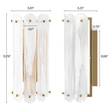 Brass wall sconce with two cloud glass shades, shown with dimensions 5.91" x 13.78" and 5.31" x 8.66"