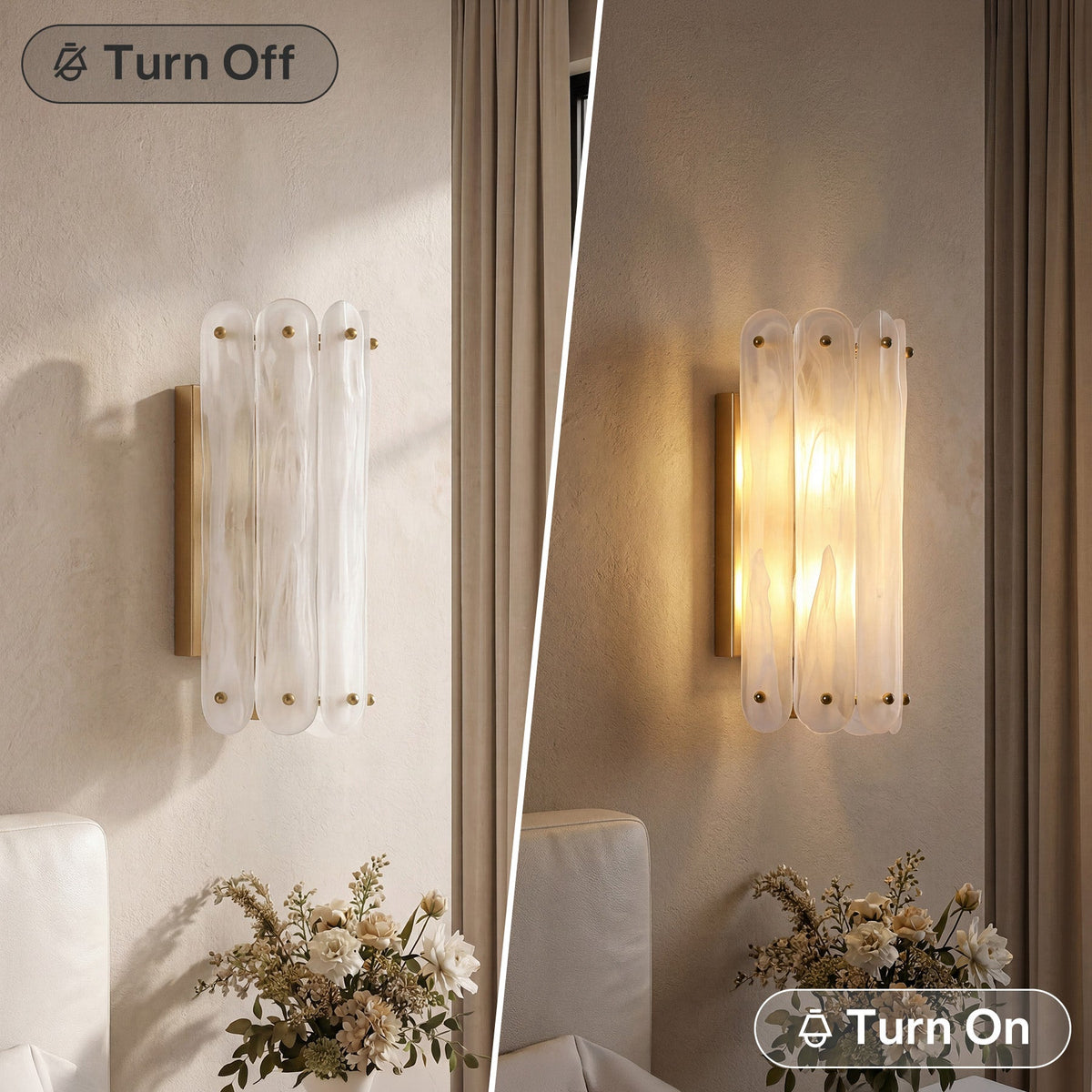 Brass wall sconce with cloud glass shades, shown lit in a bedroom setting
