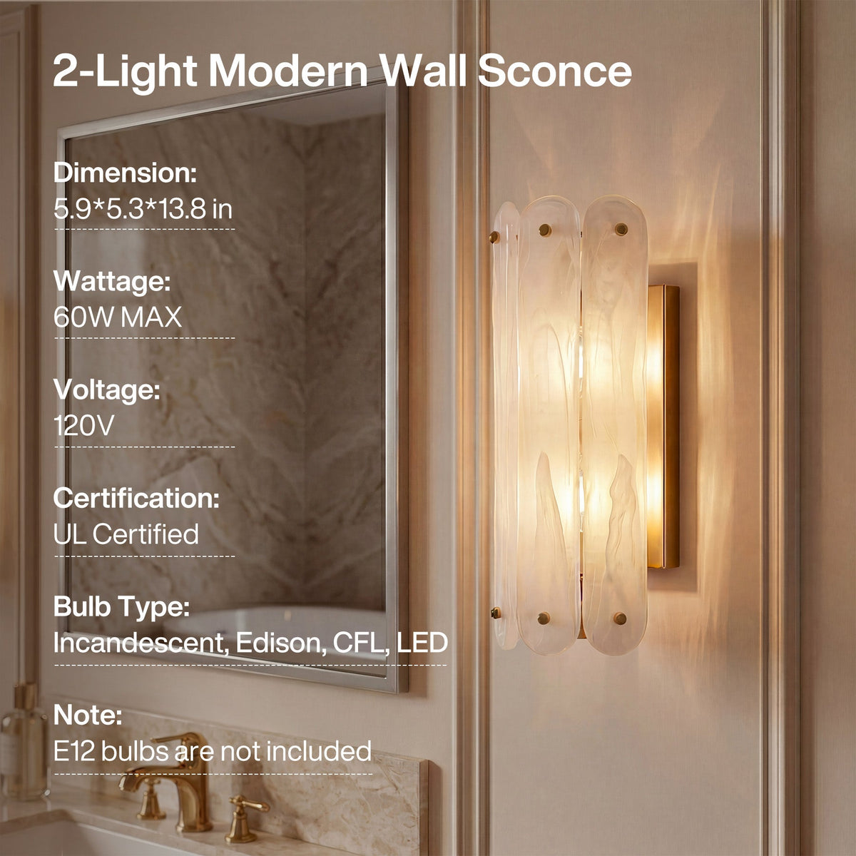 Brass wall sconce with cloud glass shades, lit, mounted on bathroom wall beside mirror, 5.9x5.3x13.8 in