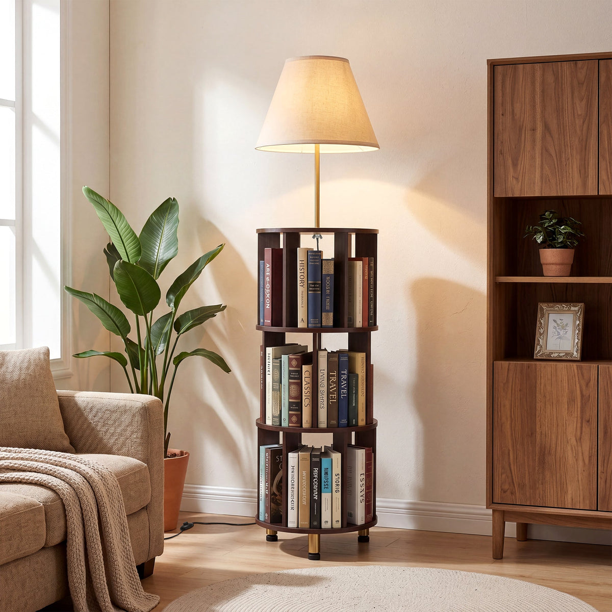 62.2 Inch Floor Lamp with 3-Tier Open Bookshelf, Foot Switch Control, Dark Brown Wood