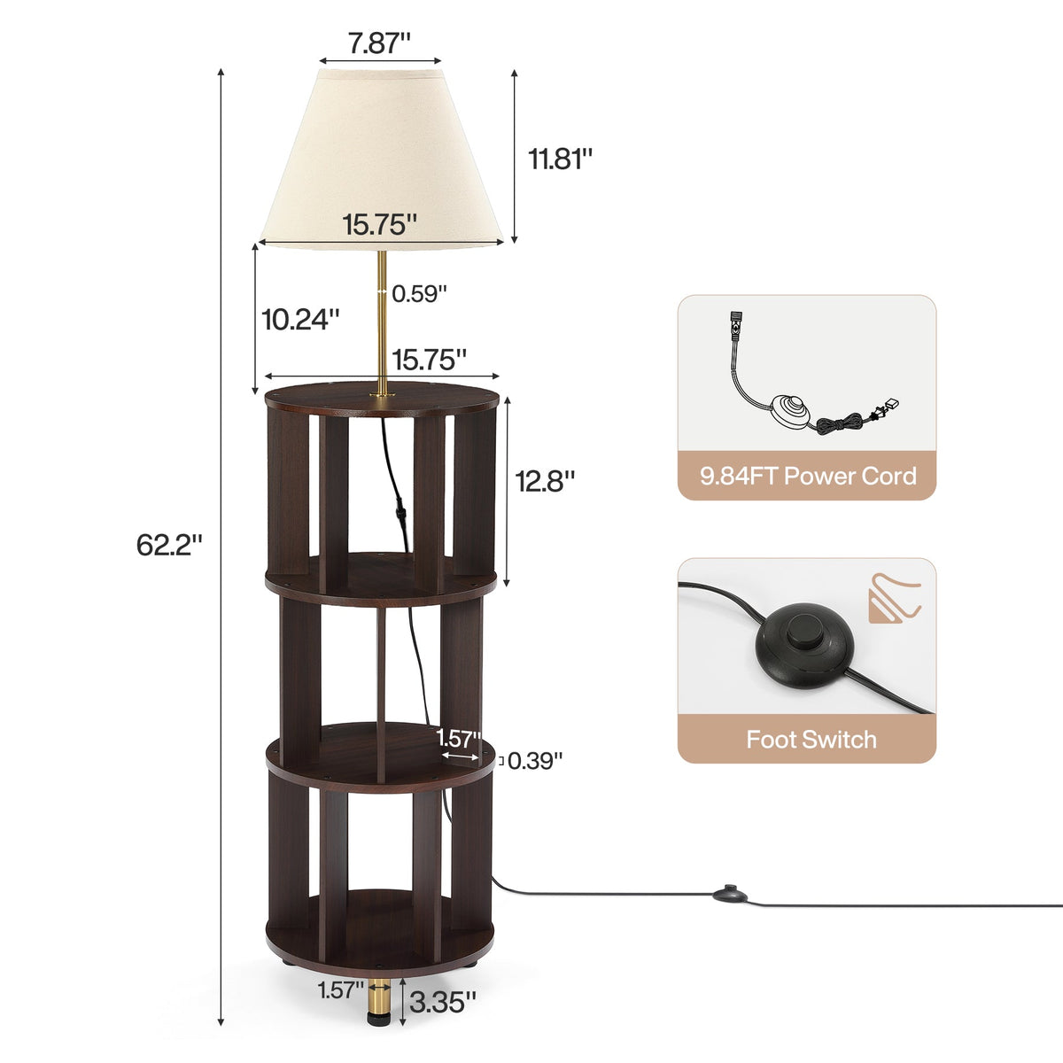 62.2 Inch Floor Lamp with 3-Tier Open Bookshelf, Foot Switch Control, Dark Brown Wood
