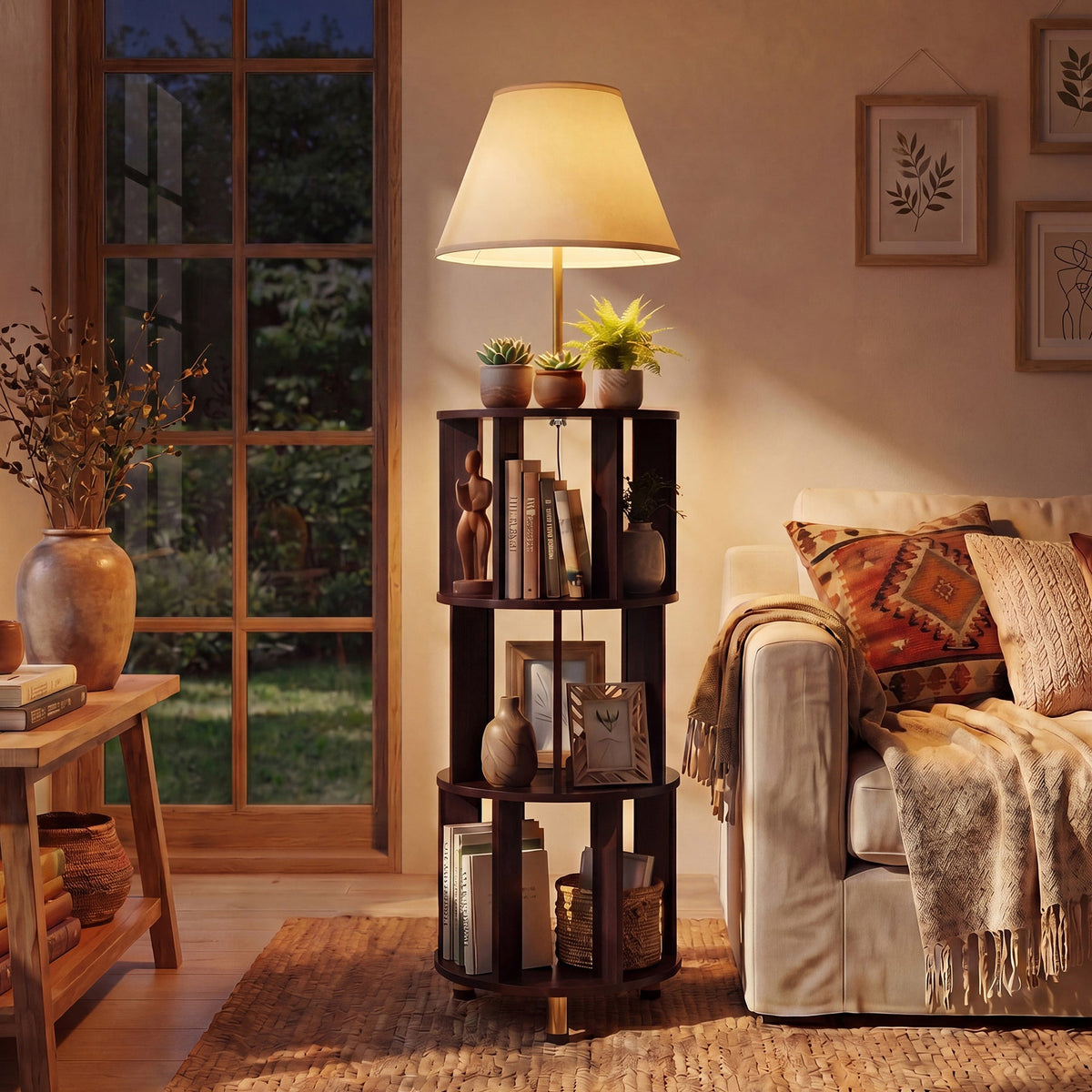 62.2 Inch Floor Lamp with 3-Tier Open Bookshelf, Foot Switch Control, Dark Brown Wood