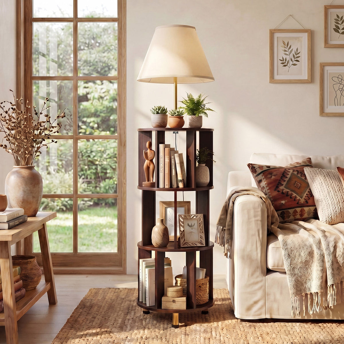 62.2 Inch Floor Lamp with 3-Tier Open Bookshelf, Foot Switch Control, Dark Brown Wood