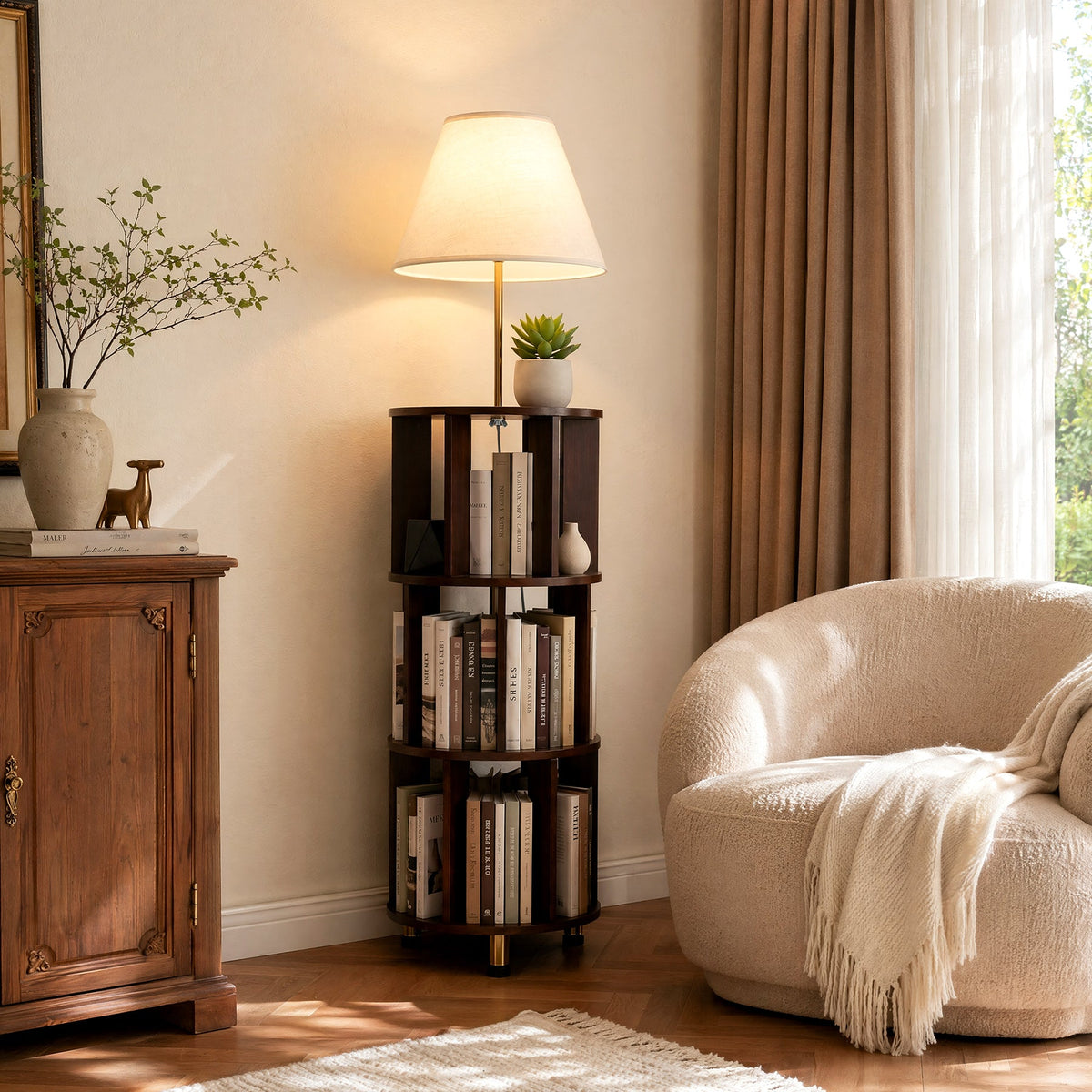 62.2 Inch Floor Lamp with 3-Tier Open Bookshelf, Foot Switch Control, Dark Brown Wood