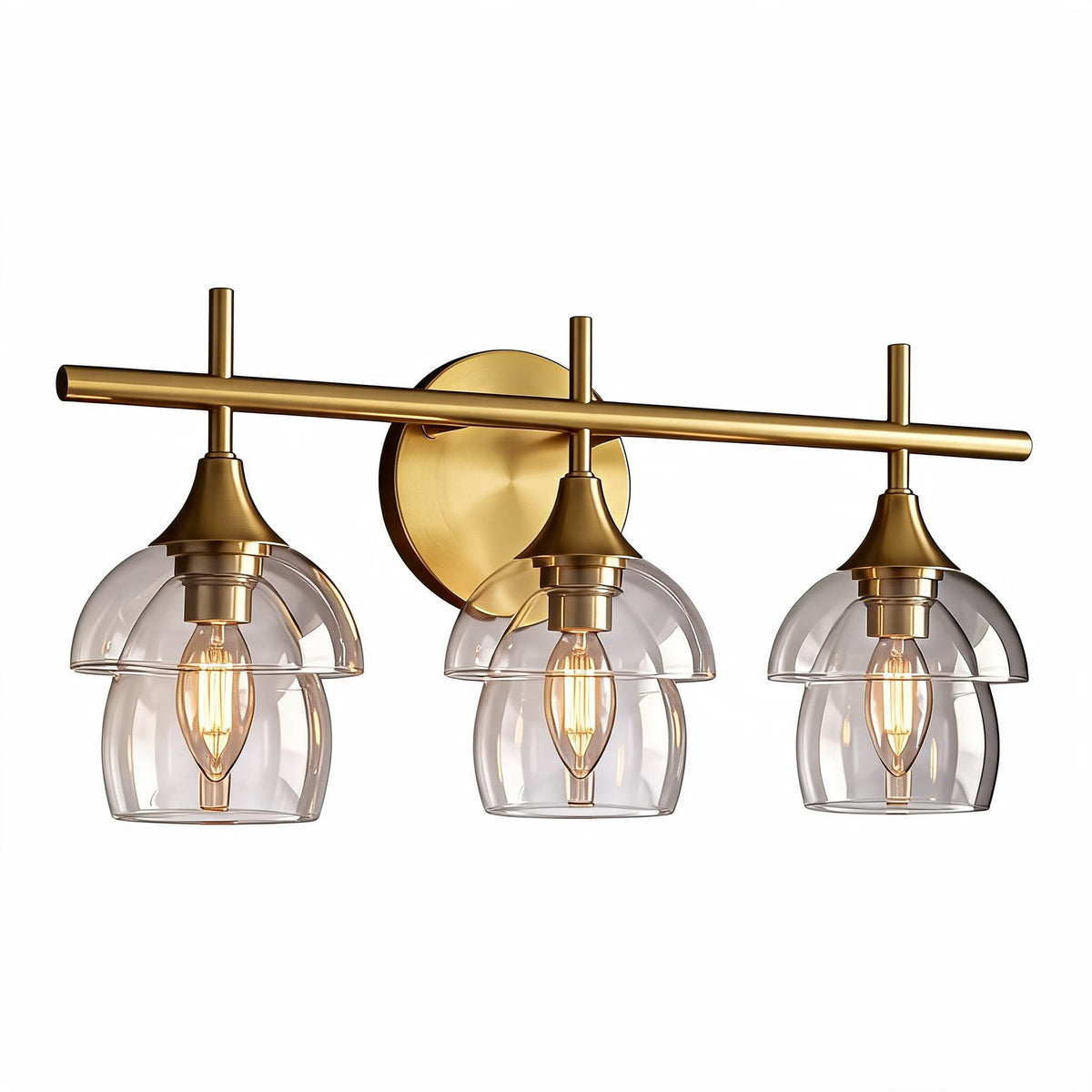Gold Bathroom Vanity Light, Three-Light Tiered Clear Glass Shades