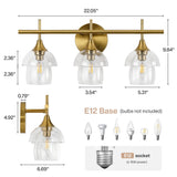Gold bathroom vanity light with three tiered clear glass shades, 22.05" wide, 9.84" high, E12 base