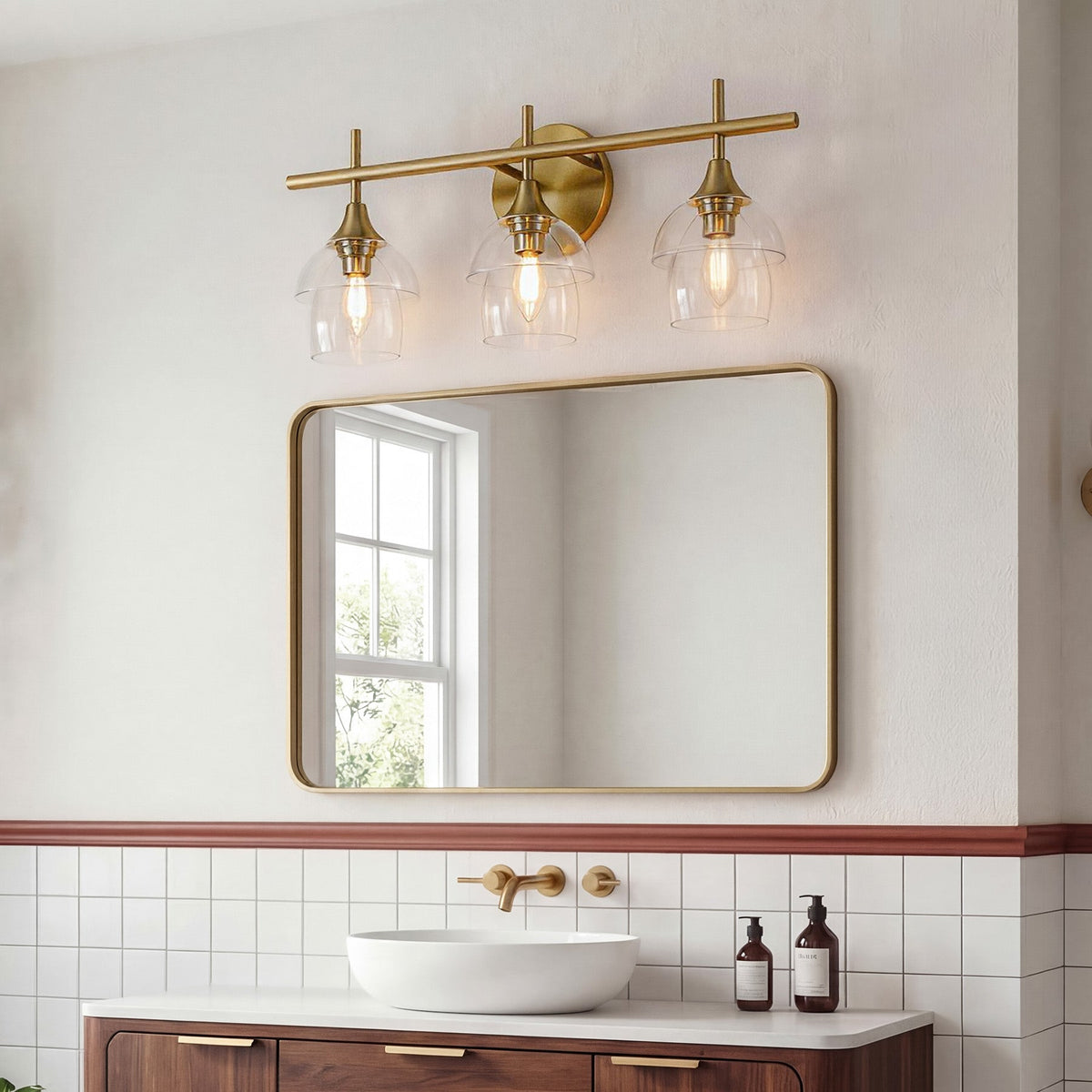 Gold Bathroom Vanity Light, Three-Light Tiered Clear Glass Shades