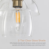 Close-up of gold bathroom vanity light with clear glass shades and LED bulb
