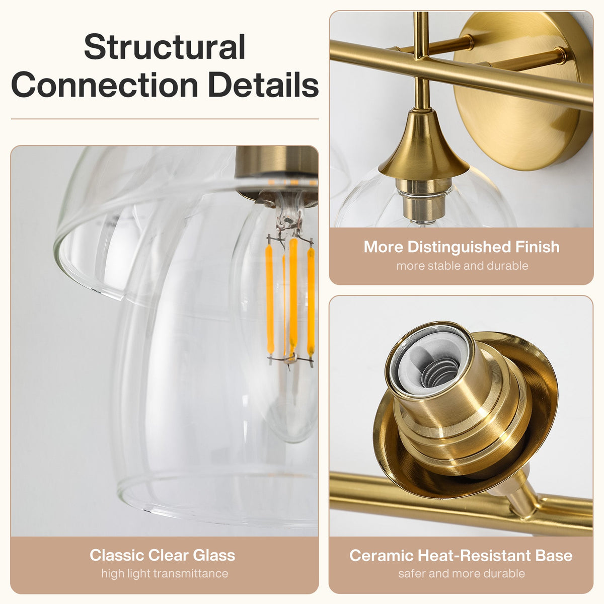 Gold bathroom vanity light with clear glass shades and ceramic base, close-up structural details