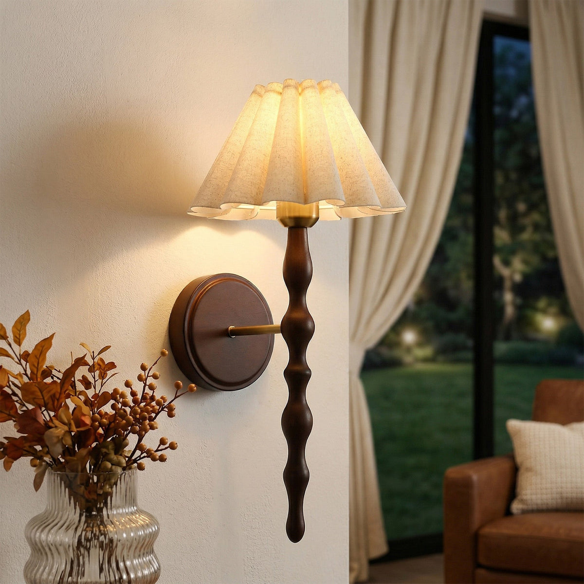 Vintage Wall Sconce, Faux Wood Metal Arm with Linen Shade Wall Lamp