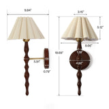 Vintage wall sconce with faux wood arm, linen shade, and metal hardware, dimensions 9.84" wide, 19.69" tall