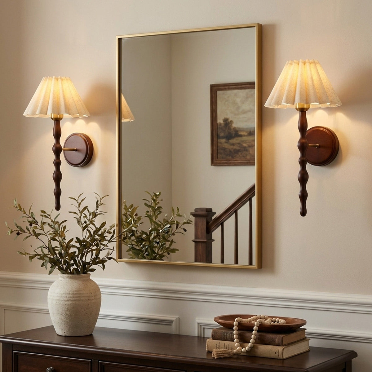 Vintage Wall Sconce, Faux Wood Metal Arm with Linen Shade Wall Lamp
