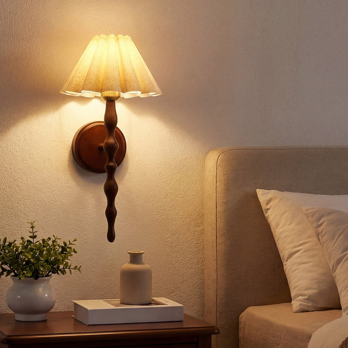 Vintage Wall Sconce, Faux Wood Metal Arm with Linen Shade Wall Lamp