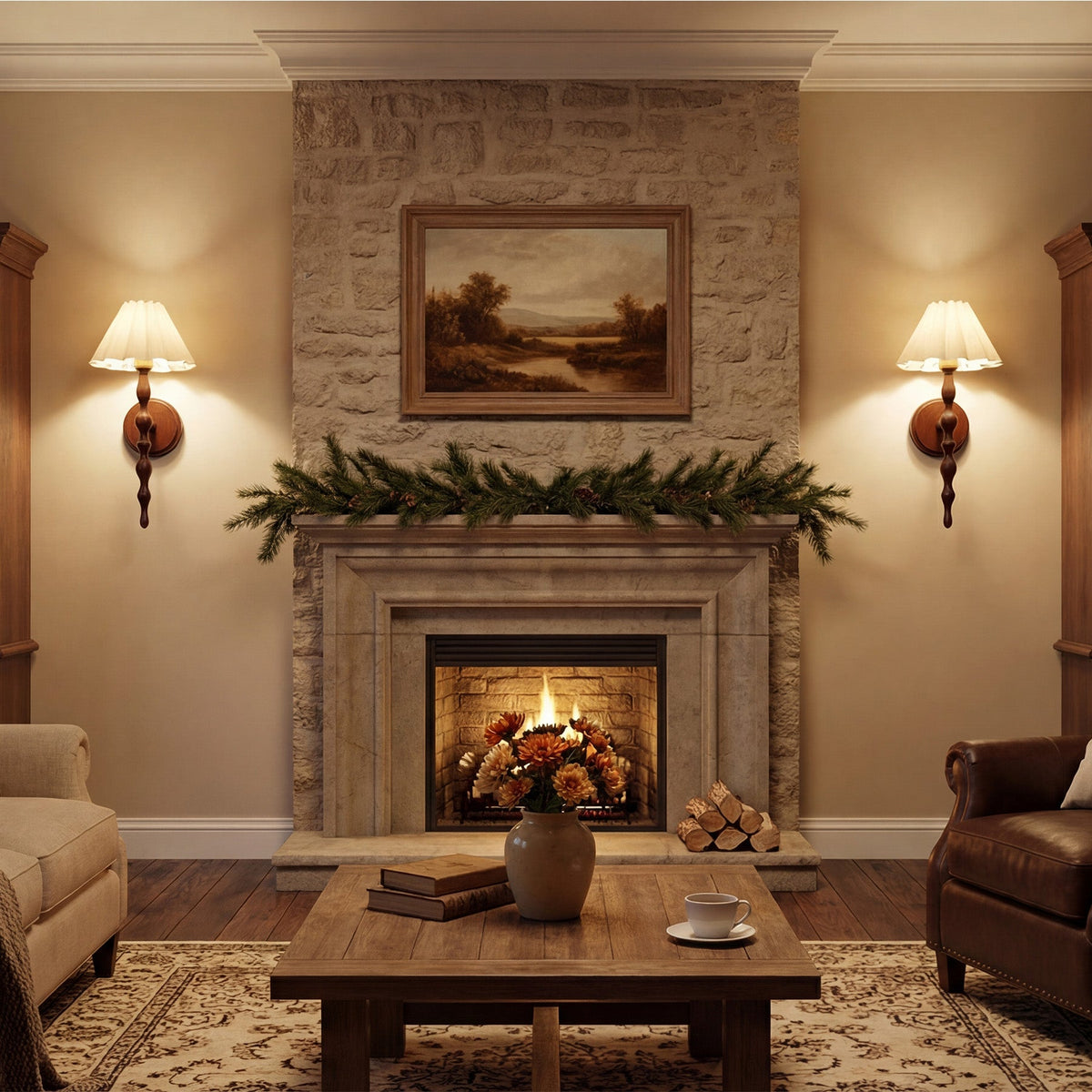 Vintage wall sconce with faux wood metal arm and linen shade, shown in warm lighting on beige wall beside fireplace