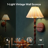 Vintage wall sconce with faux wood arm and linen shade, shown lit on a teal wall, 8.7"W x 9.8"D x 19.7"H