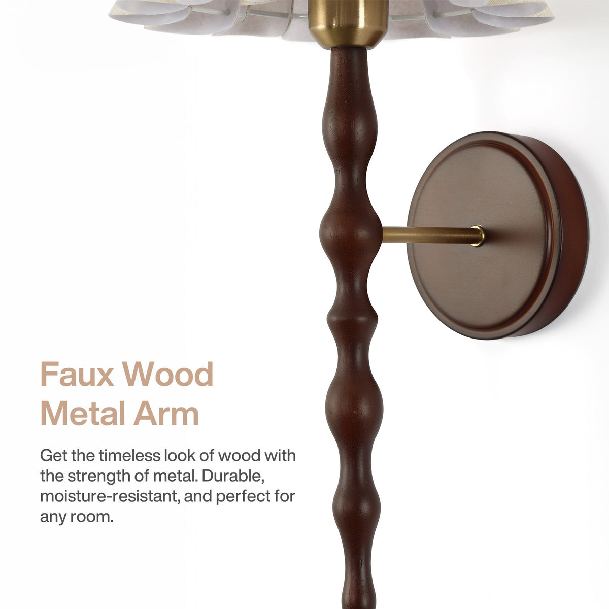 Vintage wall sconce with faux wood metal arm and linen shade, shown at an angle