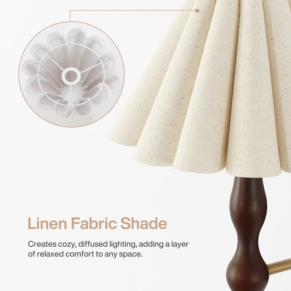 Vintage wall sconce with faux wood arm and beige linen shade, shown at an angle