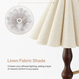 Vintage wall sconce with faux wood arm and beige linen shade, shown at an angle