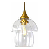 Gold pendant light with tiered clear glass shade, shown from front angle