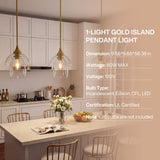 Gold pendant light with tiered clear glass shade, shown in kitchen setting, 9.65*9.65*56.38 in