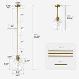 Gold pendant light with clear glass shade, adjustable height, showing dimensions 4.72" x 6.3" x 9.65" and 36" adjustable length