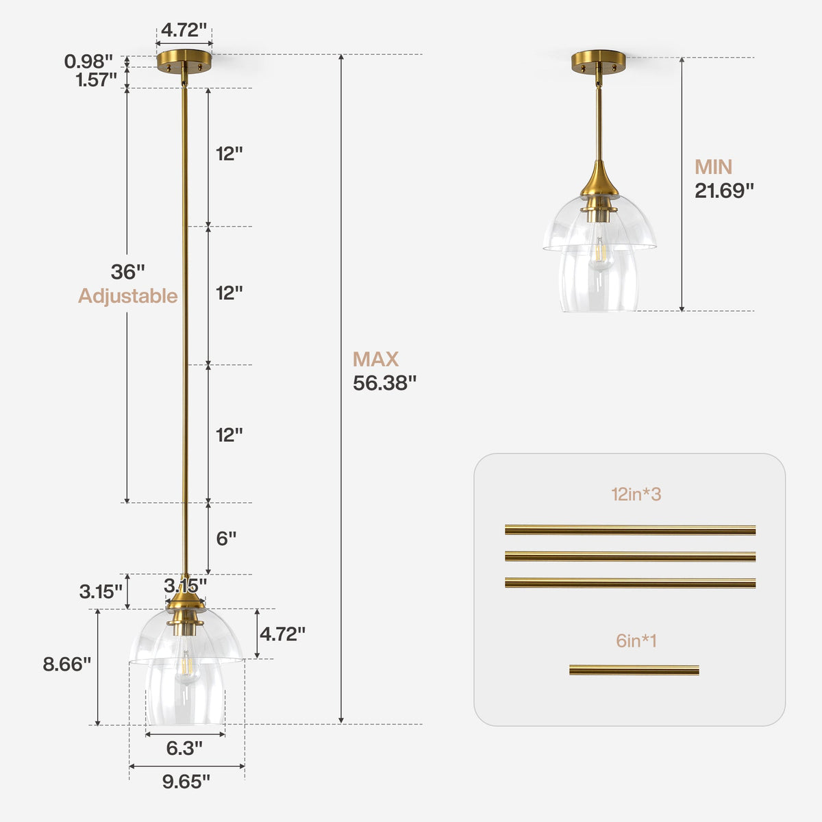 Gold Pendant Light with Tiered Clear Glass Shade, Adjustable Height